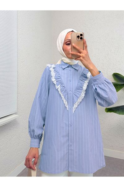 Modamorfo Cămașă cu dungi cu volane și dantelă în față cu nasturi - Baby Blue