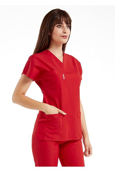 Scrubs Flex Red Lycra Thin Summer Fabric Doctor and Nurse Uniform Bat Sleeve Surgical Uniform (Single Top)