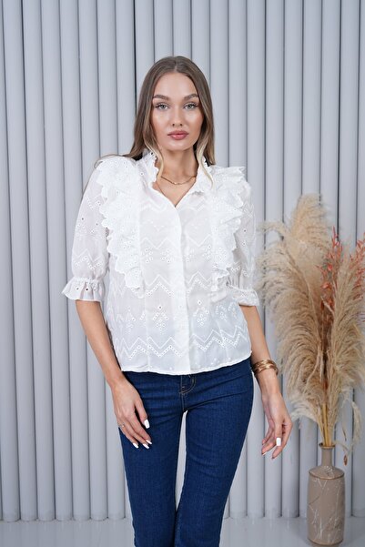 BELISTIL Beyaz Dantel Fistolu Ajurlu Gömlek