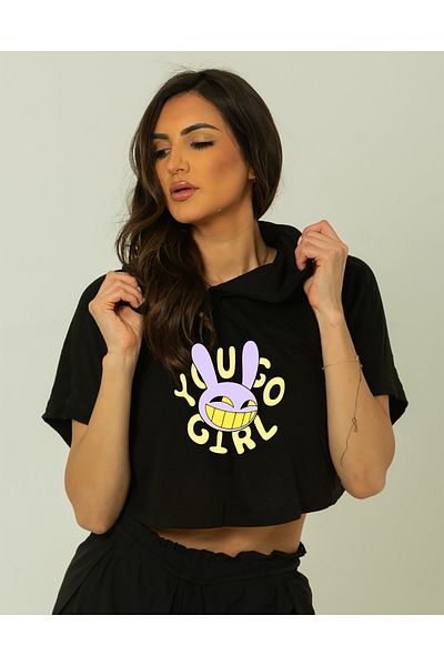 SUNFREE Popular Trend You Go Girl Printed Short Sleeve Black Hooded Crop