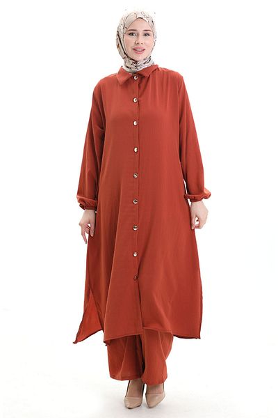 sefamerve Buttoned Long Tunic Trousers Double Suit 0089-07 Tile