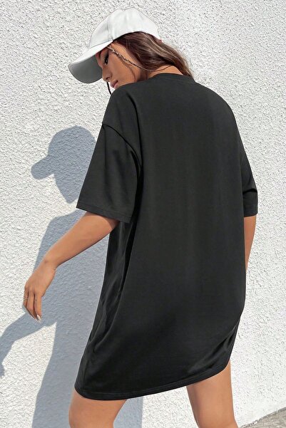 Trendseninle Pamuk Penye 110cm Siyah LosAngeles Baskılı Elbise