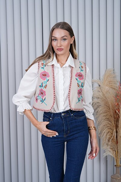 BELISTIL Krem Müslin Dokuma Çiçek Desenli Bohem Yelek