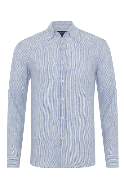 Germirli Albini Navy Blue White Striped Button Collar Pure Linen Shirt