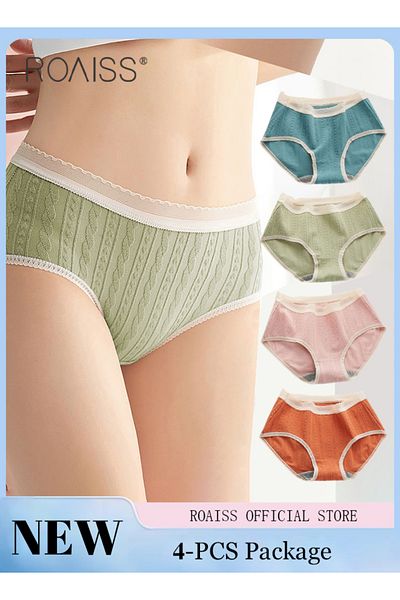 ROAISS 4 Pack Set Women's 95% Cotton Briefs Lace Stripe Sweet Textured High Stretch Panties Mid-waist Hygie