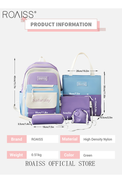 ROAISS 5 Pcs Letter Graphic Colorblock Backpack Set Cute Sweet Large Capacity School Bag Shoulder Totes Pen