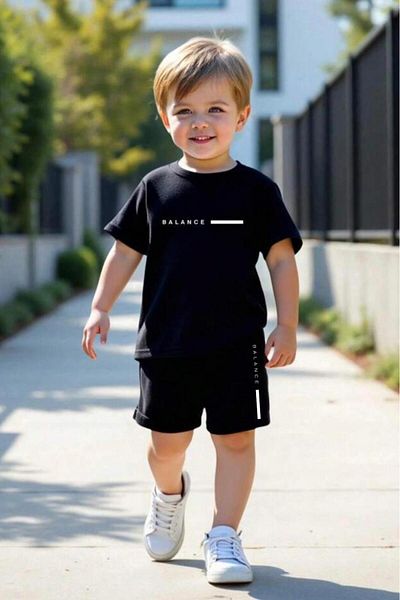 NO 601 Boy's Black Balance Printed Tshirt Shorts Bottom-Top Set for Ages 5-6 / 11-12