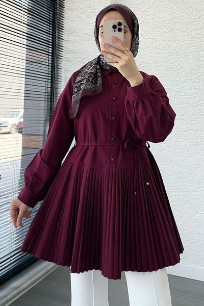 MELEK ARAZ Skirt Pleated Poplin Tunic - Claret Red
