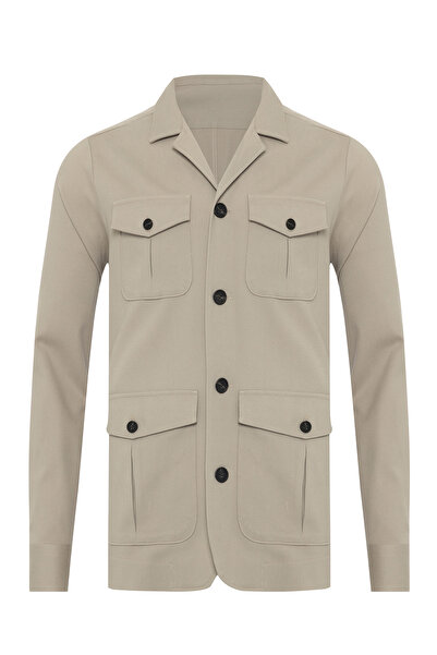 Germirli Sand Beige Color Utility Cotton Jacket Shirt with Cover Pocket