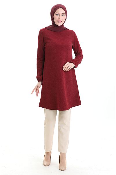 sefamerve Seasonal Tunic with Elasticated Sleeves 8753-02 Claret Red