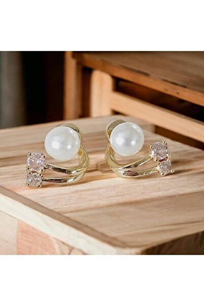 İnci Çift Taşlı Inci Detay Çelik Küpe