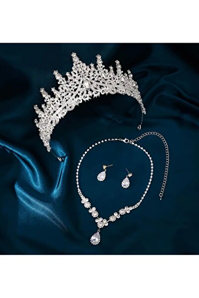 NESSORİA Nai̇f Princess Model Crown 3-Piece Earring Crown Necklace Set for Wedding Special Occasions