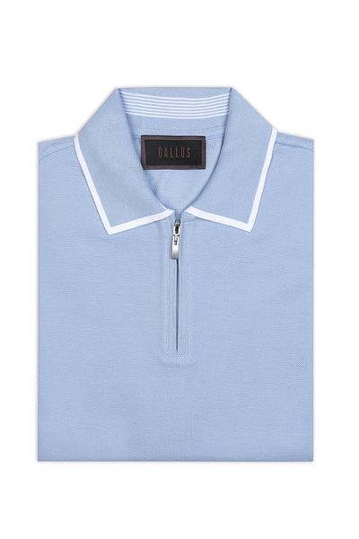 Gallus Blue Zippered Polo Neck Pique Mercerized Regular Fit T-Shirt
