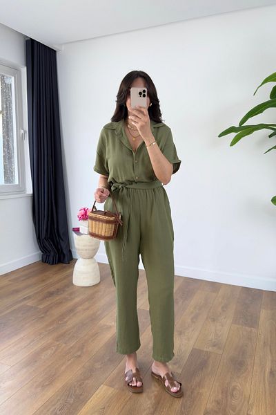 BİRCANÇİL Henika Khaki Belted Jumpsuit