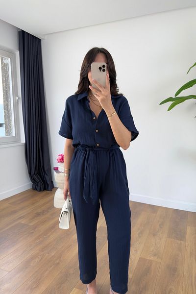 BİRCANÇİL Henika Navy Blue Belted Jumpsuit