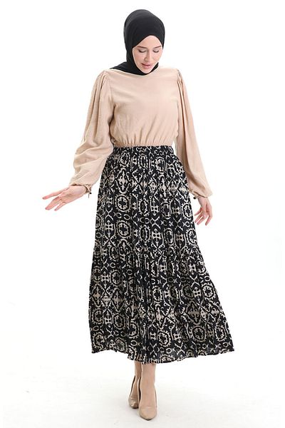 sefamerve Patterned Skirt with Elastic Waist 2058-02 Black