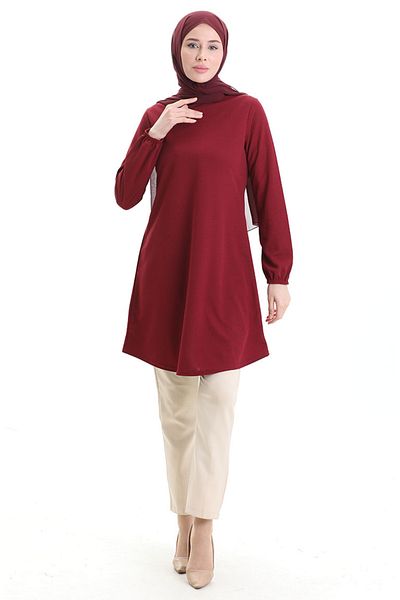sefamerve Seasonal Flowy Plain Tunic with Elasticated Sleeves 8751-02 Claret Red