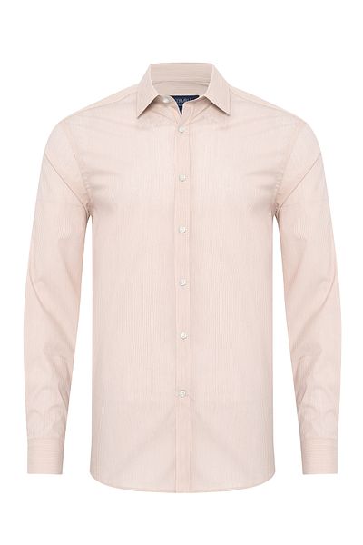 Germirli Beige White Striped Soft Collar Tailor Fit Shirt