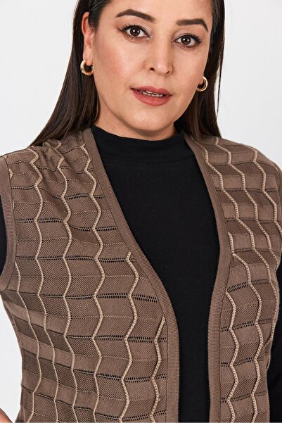 Uludağ Triko Дамски тънък летен плетен елек от норка с ажурен мерсеризиран зигзагообразен шарен мотив