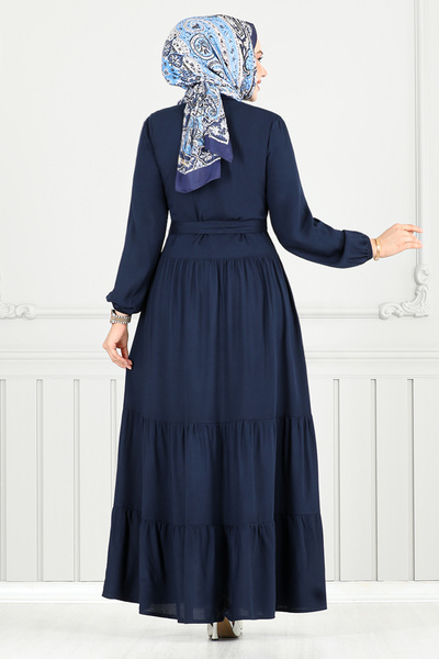 ModaMerve Viscose Dress with Elastic Cuffs 1124Bgs895-M Navy