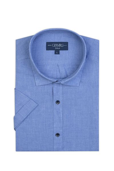 Germirli Blue Soft Collar Tailor Fit Short Sleeve Linen Shirt