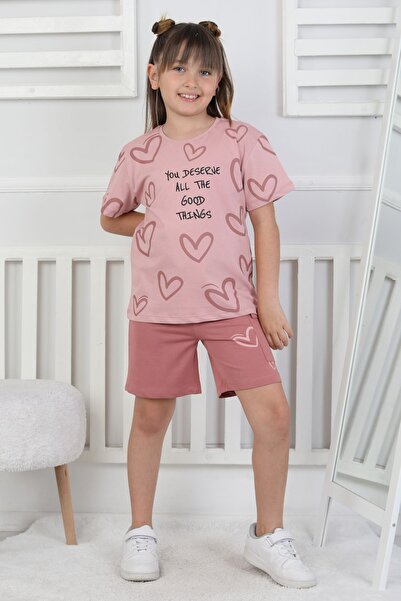 ZUZUNGA Good Things Heart Patterned Girls' Top Single Jersey Bottom 2 Thread Shorts Set