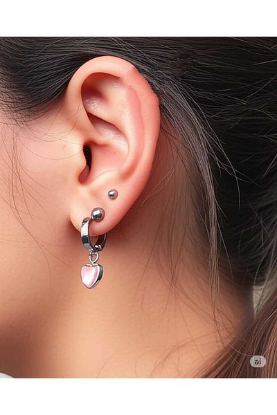 Esra Butik Hane Triple Love Full Steel Earring Set - Pink Heart Stone, Anti-Tarnish Stone with the Feeling of Love