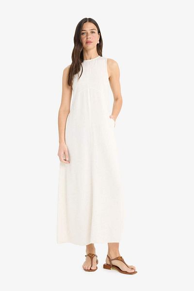 DeFacto Crew Neck Pocket Basic Plain Linen Blend Sleeveless Maxi Summer Dress E6022Ax25Sm