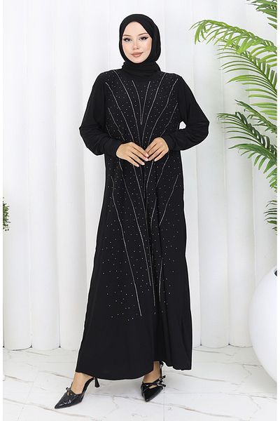 sefamerve Sandy Fabric Stone Evening Dress 2061-02 Black