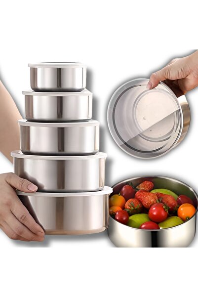 OEM Set of 5 bowls with lid, stainless steel and flexible plastic lid, silver