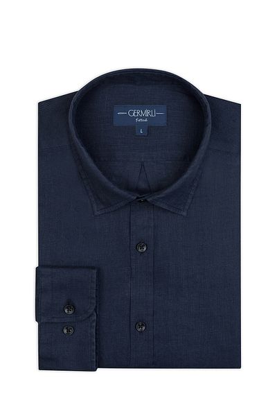 Germirli Navy Blue Soft Collar Tailor Fit Linen Shirt