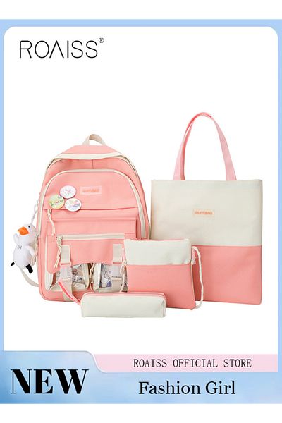 ROAISS 4-Piece Set School Pink Backpack Set