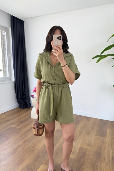 BİRCANÇİL Levna Khaki Belted Short Jumpsuit