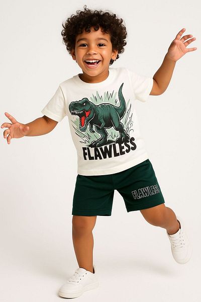 LİLLYPİCCA Boy's Dinosaur Printed T-Shirt - 2-Piece Set with Pocketed 2-Thread Shorts