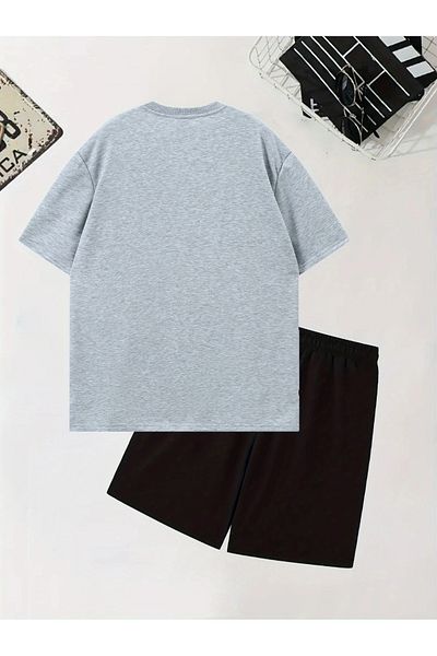 PENTHİLUS Round Neck T-Shirt and Shorts Set, Knitted Fabric, Cartoon Rabbit Graphics