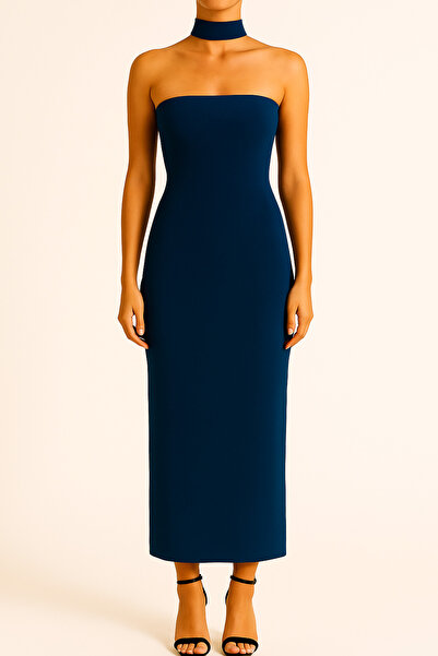 rashera Mavi Bağlanan Boyun Detaylı Elbise