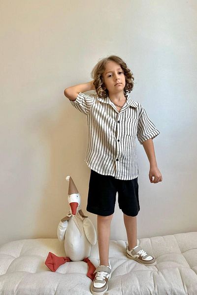 Minigimin Cicileri Little Boy's Boys' Set with Muslin Cotton Striped Shirt and Shorts - Gray