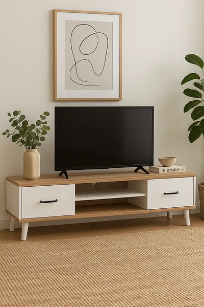 MARIA HOMES Modern Wood White Tv Stand – Minimalist Media Console (160X40X45 CM)