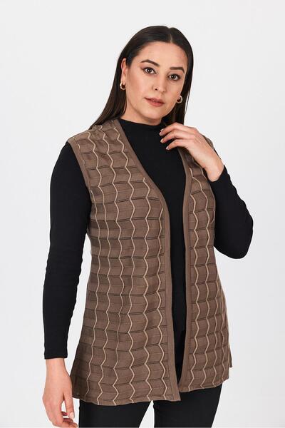 Uludağ Triko Дамски тънък летен плетен елек от норка с ажурен мерсеризиран зигзагообразен шарен мотив