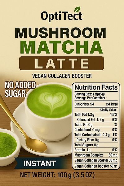 OptiTect Mushroom Matcha Latte, 100 Gm, Mushroom Blend, Vegan Collagen Booster, Skin, Hair &