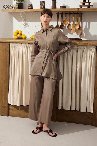 Hooopstore Cosmo Waist Detailed Cotton Mink Trousers Set