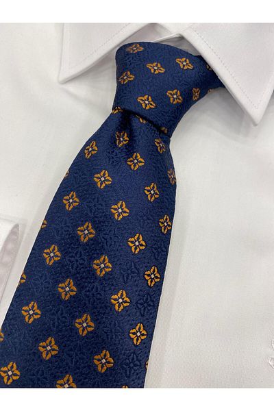 Cacharel Woven Fabric Patterned Mustard Navy Blue Tie