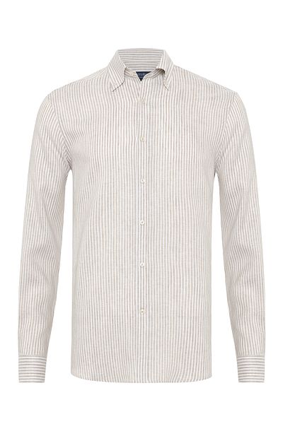 Germirli Thomas Mason Natural White Striped Button Collar Tailor Fit Linen Shirt