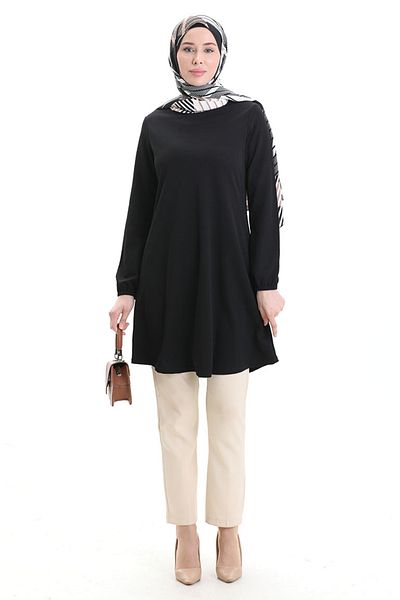 sefamerve Seasonal Flowy Plain Tunic with Elasticated Sleeves 8751-01 Black