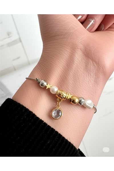 Esra Butik Hane Stainless Steel Women's Pearl Bracelet – Stylish Charm Bracelet with Stone Detail, Star Figure, No Blackening