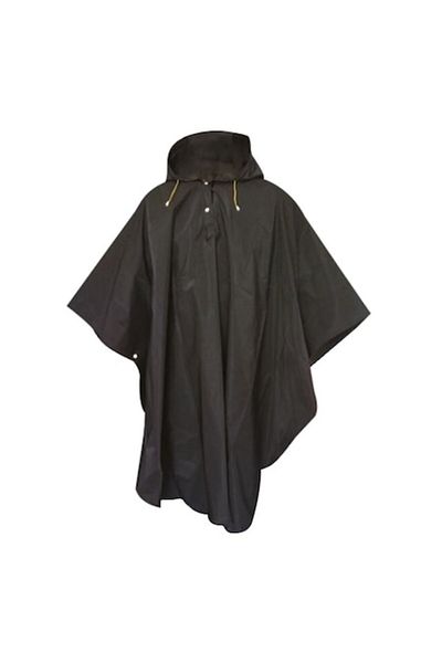 OEM Black Poncho Raincoat, Waterproof with Hood and Drawstring, One Size, Dark Black
