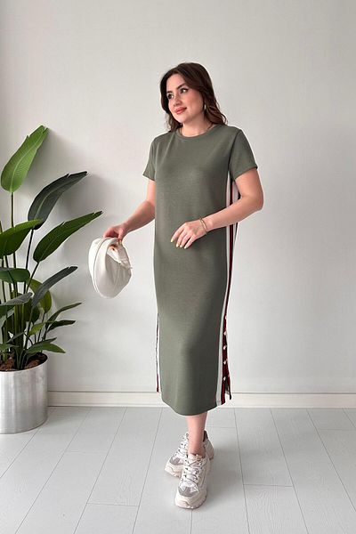 MaziButik Modal Φόρεμα Χακί με Πλαϊνή Λωρίδα