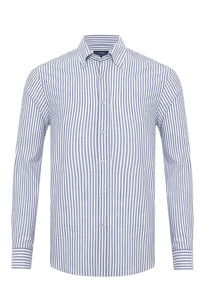 Germirli Navy Blue White Striped Albiate Button Collar Tailor Fit Slim Cotton Shirt