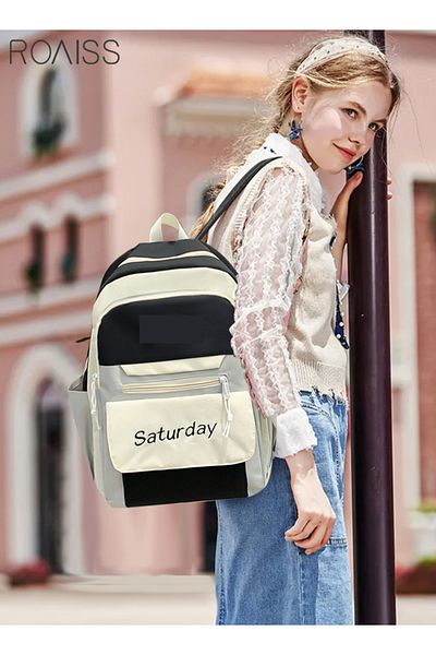 ROAISS 5Pcs Letter Graphic Colorblock Kawaii Backpack Set
