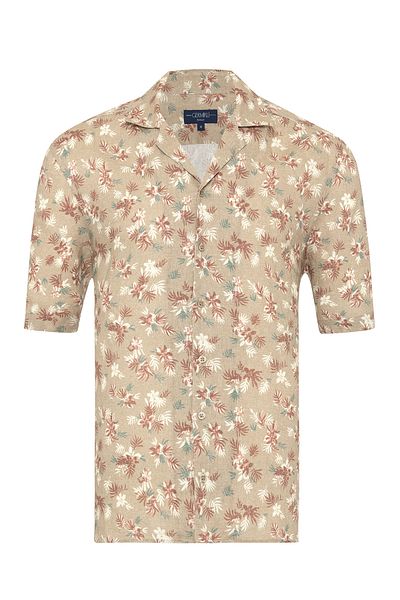 Germirli Beige Albiate Tropical Floral Pattern Hawaiian Collar Short Sleeve Linen Shirt
